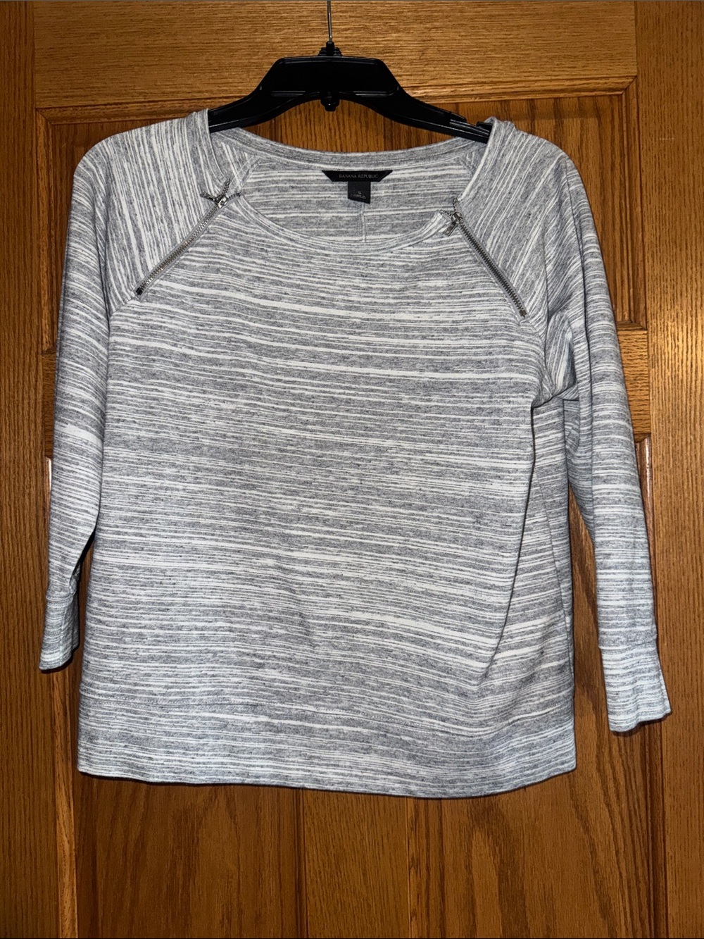 Banana Republic Heather Gray Striped Zip-Shoulder Sweatshirt